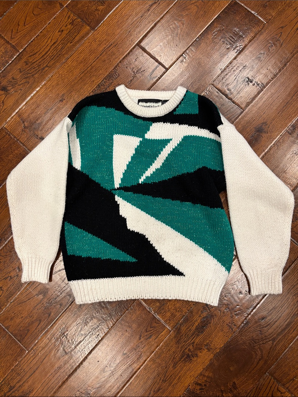 Women’s Bramble Lane Green White Black Long Sleeve Pullover Sweater Medium USED